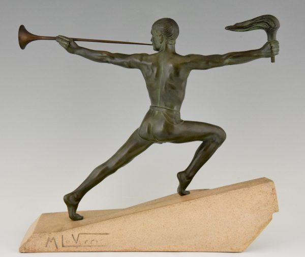 Art Deco sculpture male nude with trumpet and torch