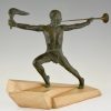 Art Deco sculpture male nude with trumpet and torch