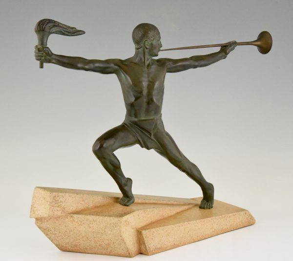 Art Deco sculpture male nude with trumpet and torch