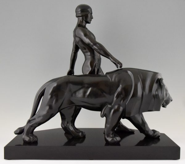 Art Deco sculpture of a male nude with lion, lion tamer.