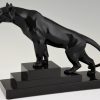 Art Deco sculptuur zwarte panter op marmeren sokkel.