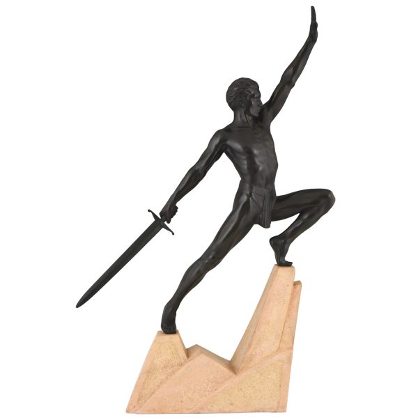 Art Deco sculpture sword fighter on a rock, the challenge