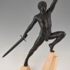 Art Deco sculpture sword fighter on a rock, the challenge