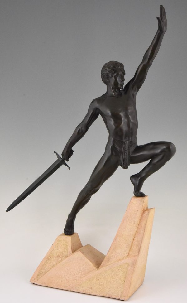 Art Deco sculpture sword fighter on a rock, the challenge