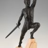 Art Deco sculpture sword fighter on a rock, the challenge