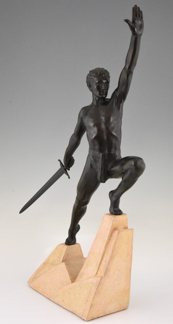 Art Deco sculpture sword fighter on a rock, the challenge