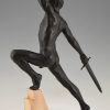 Art Deco sculpture sword fighter on a rock, the challenge