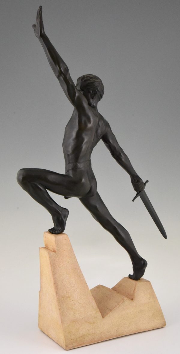 Art Deco sculpture sword fighter on a rock, the challenge