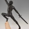 Art Deco sculpture sword fighter on a rock, the challenge