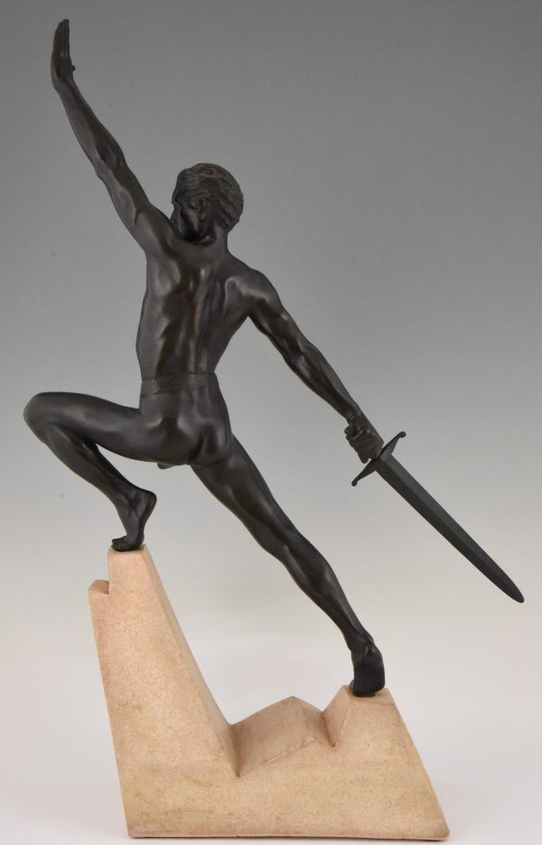 Art Deco sculpture sword fighter on a rock, the challenge