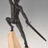 Art Deco sculpture sword fighter on a rock, the challenge