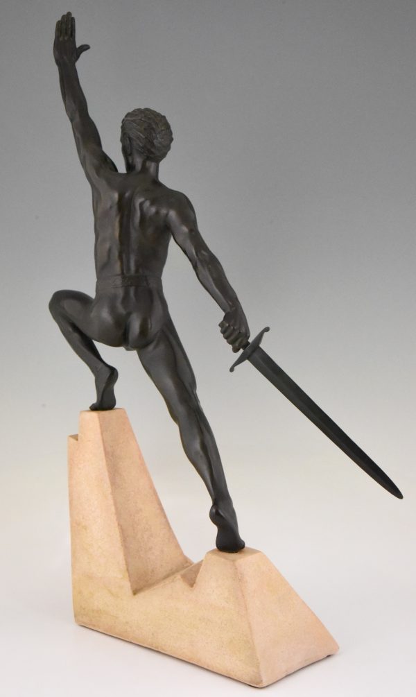 Art Deco sculpture sword fighter on a rock, the challenge