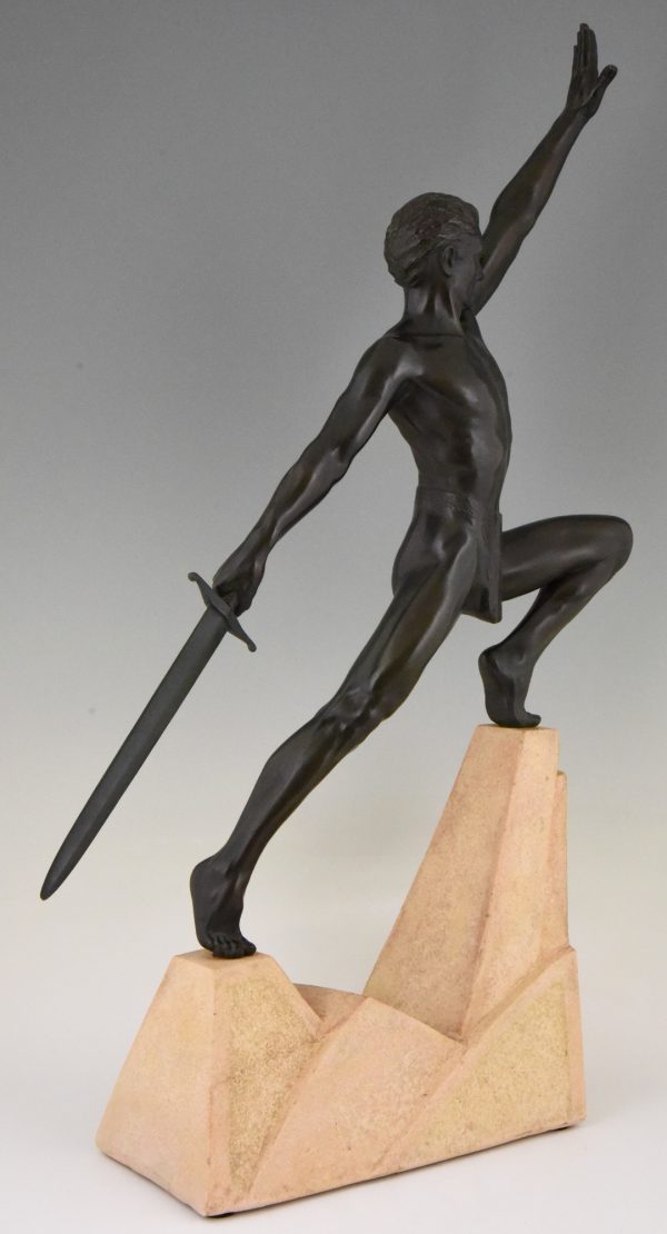 Art Deco sculpture sword fighter on a rock, the challenge