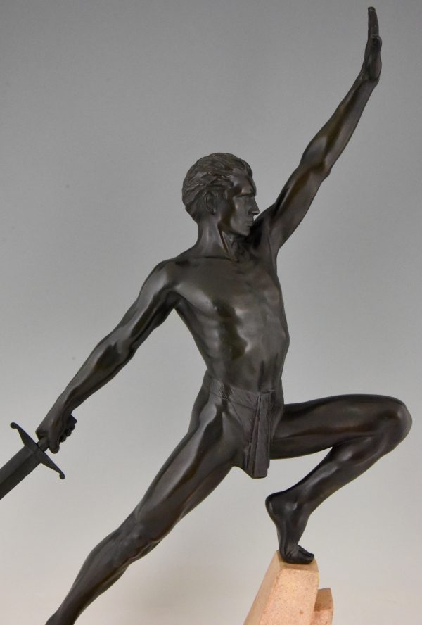 Art Deco sculpture sword fighter on a rock, the challenge