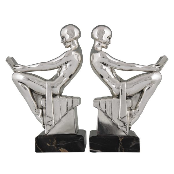 Art Deco silvered bookends with reading nudes