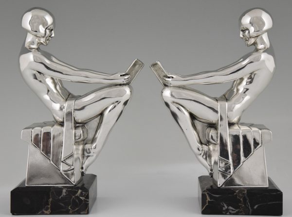 Art Deco silvered bookends with reading nudes