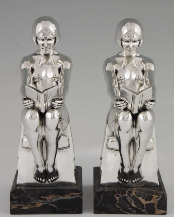 Art Deco silvered bookends with reading nudes