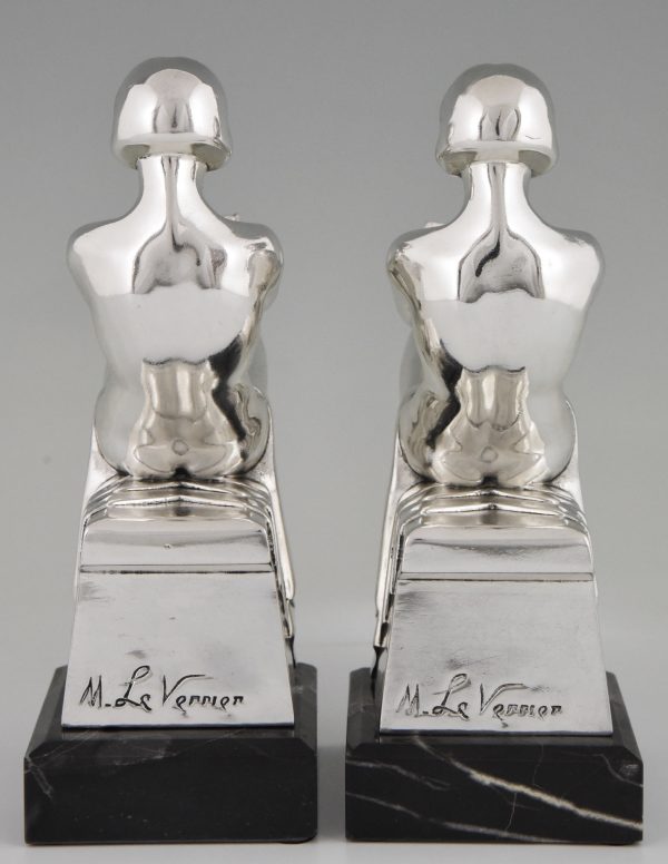 Art Deco silvered bookends with reading nudes