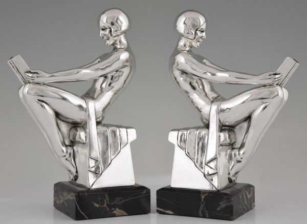 Art Deco silvered bookends with reading nudes