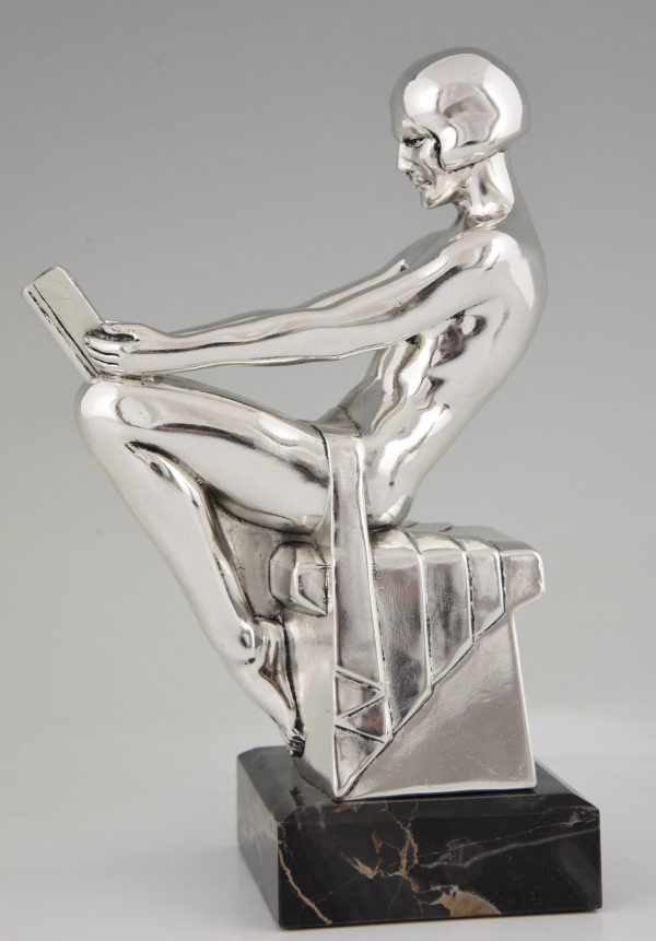 Art Deco silvered bookends with reading nudes