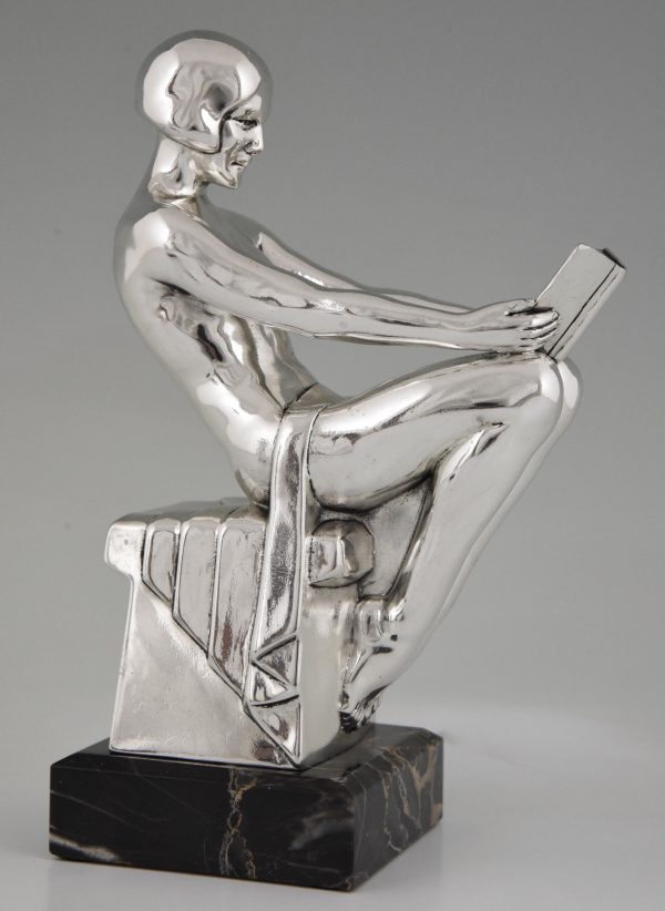 Art Deco silvered bookends with reading nudes