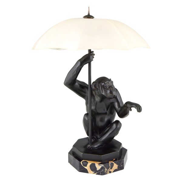 Art Deco table lamp sculpture monkey with umbrella