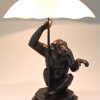 Art Deco table lamp sculpture monkey with umbrella