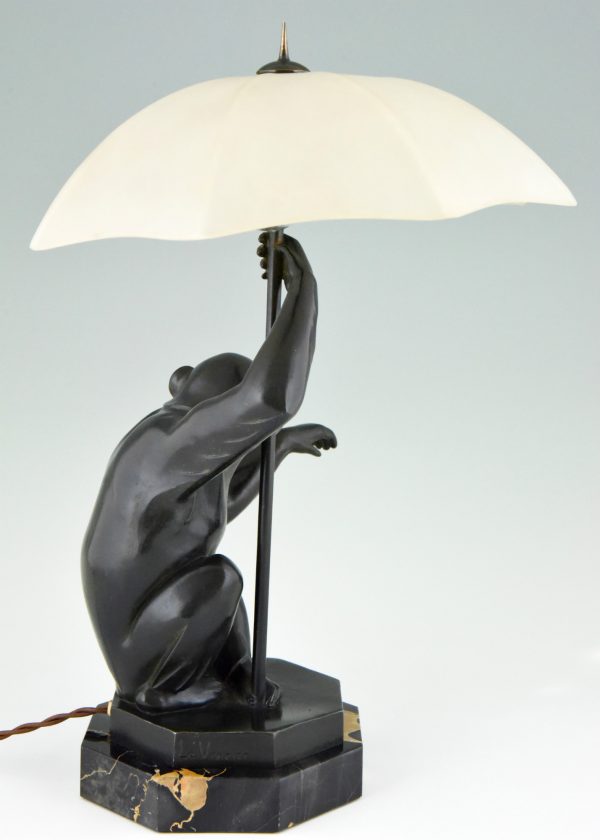 Art Deco table lamp sculpture monkey with umbrella