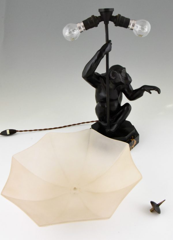 Art Deco table lamp sculpture monkey with umbrella