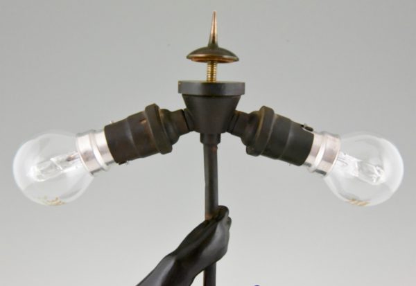 Art Deco table lamp sculpture monkey with umbrella