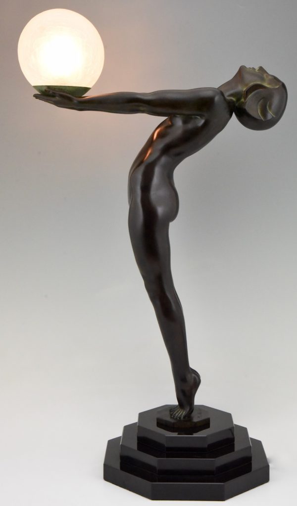 Clarté Art Deco style lamp nude holding a globe 84 cm 33 inch.