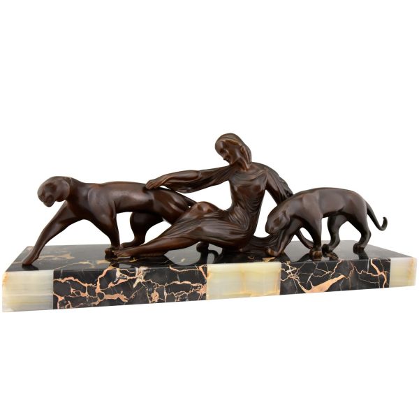 Art Deco bronze sculpture lady with two panthers