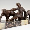 Art Deco bronze sculpture lady with two panthers