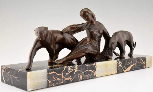 Art Deco bronze sculpture lady with two panthers