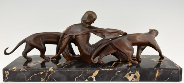 Art Deco bronze sculpture lady with two panthers