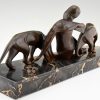 Art Deco bronze sculpture lady with two panthers