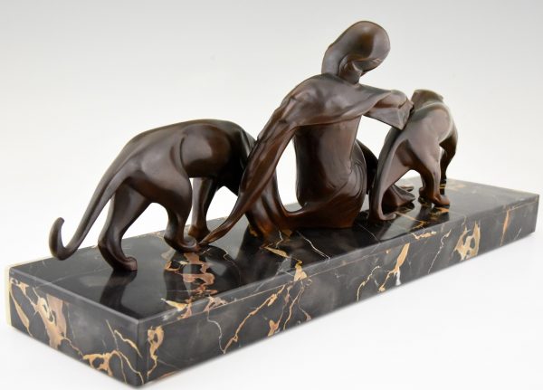 Art Deco bronze sculpture lady with two panthers