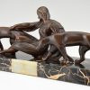 Art Deco bronze sculpture lady with two panthers