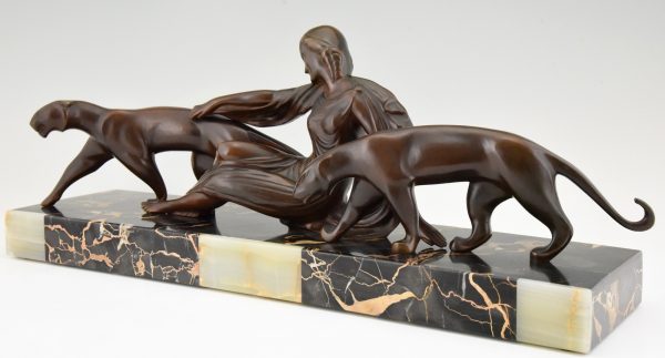 Art Deco bronze sculpture lady with two panthers