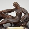 Art Deco bronze sculpture lady with two panthers