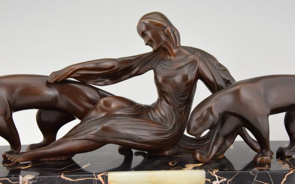 Art Deco bronze sculpture lady with two panthers