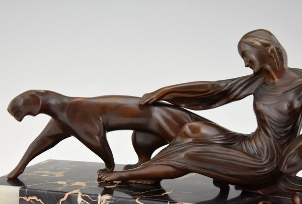 Art Deco bronze sculpture lady with two panthers