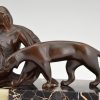 Art Deco bronze sculpture lady with two panthers