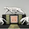 Art Deco Kaminuhr mit 3 Panther in Bronze, Marmor un Onyx