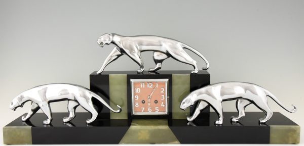 Art Deco Kaminuhr mit 3 Panther in Bronze, Marmor un Onyx