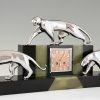 Art Deco Kaminuhr mit 3 Panther in Bronze, Marmor un Onyx