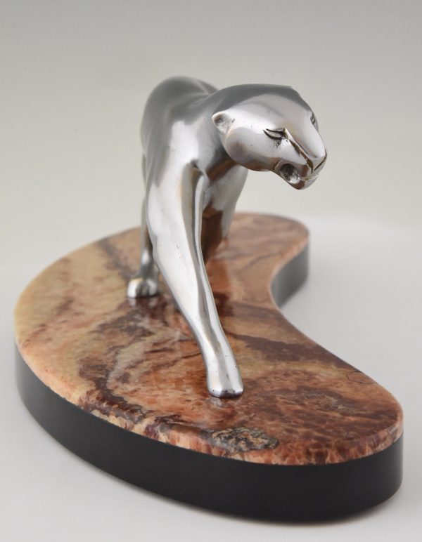 Art Deco nickel plated bronze panther on marble base.