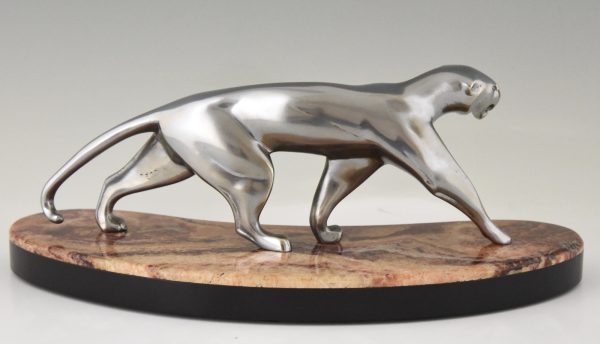 Art Deco nickel plated bronze panther on marble base.