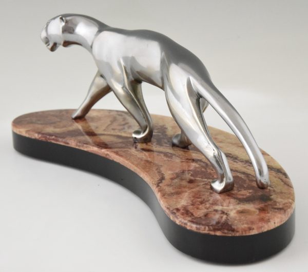 Art Deco nickel plated bronze panther on marble base.