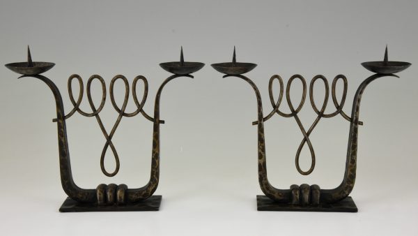 A fine pair of Art Deco wrought iron candelabra